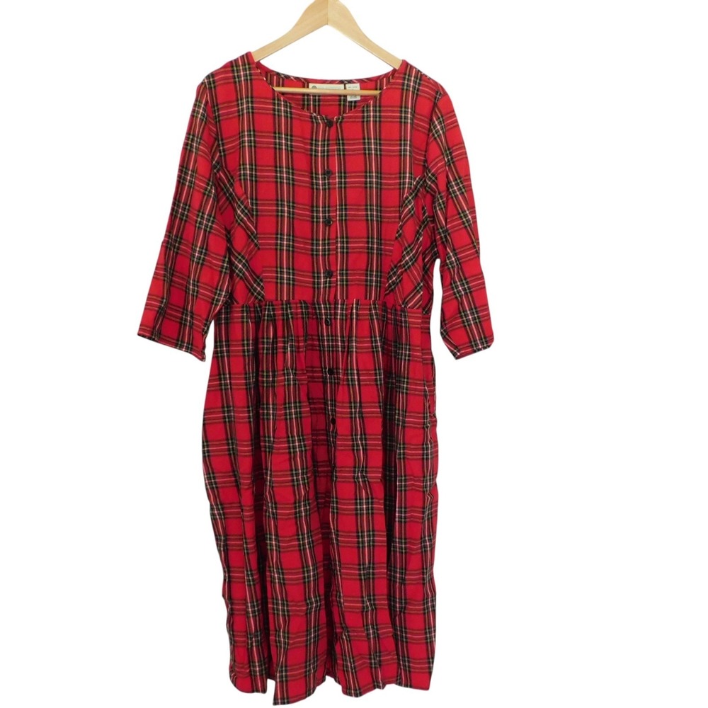 Womens Red Tartan‎ Plaid Dress Midi Pockets Shirt Sz 1X Ella Simone Cottagecore